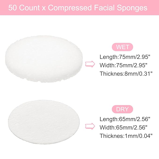 uxcell 50 Count Compressed Facial Sponges Round Face Cleansing Sponges Pads for Daily Skincare Routines at Home, Kitchen(White)