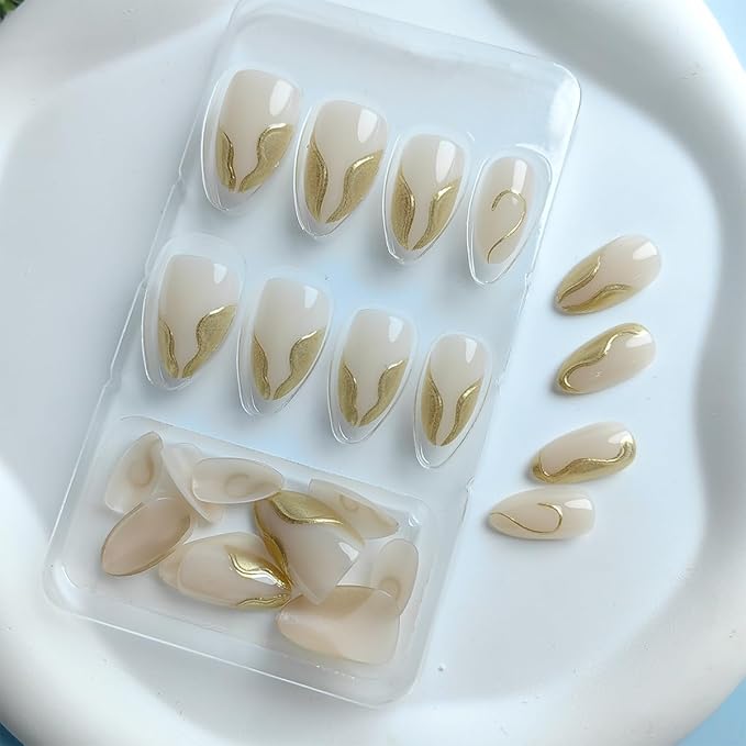 24Pcs 3D Gold Press on Nails Short Almond Fake Nails Irregular Line Design French Tip Acrylic False Nails Glossy Full Cover Chrome Glue on Nails Nude Stick on Nails Stiletto Artificial Nails for Women