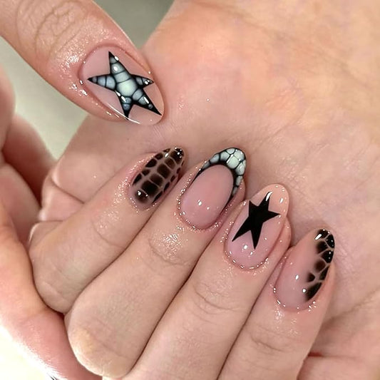 Nude Pink French medium Press On Nails Almond, Punk Mixed Design Fake Nails with Black Star & Crocodile Texture Detail, Glossy Gel Finish Acrylic Nails, Reusable Glue On Nails Kit for Women