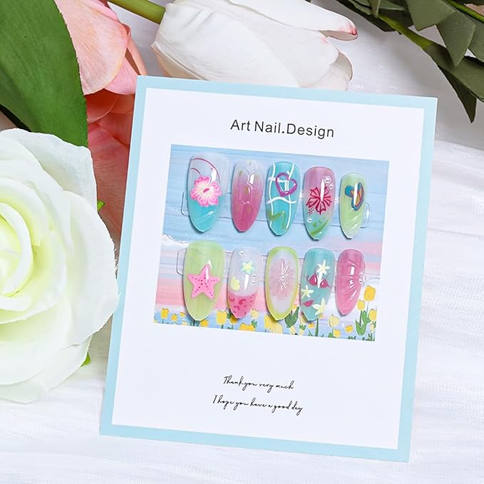 30Pcs Cute Press on Nails Medium Almond Fake Nails Summer Press ons 3D Pearl Flower Glue on Nails Beach Starfish False Nails Lemon Butterfly Heart French Tip Nails Handmade Acrylic Nails Set for Women