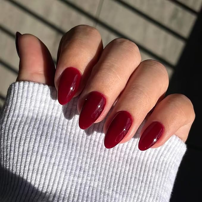 Wine Red Fake Nails Glossy Almond Press on Nails Medium Solid Color Acrylic False Nails Press ons Reusable Full Cover Artificial Nails for Women DIY Nails Decoration