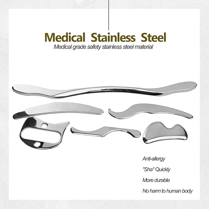 FeelFree Sport Stainless Steel Gua Sha Scraping Massage Tool Set of 6 Pieces for Soft Tissue Mobilization Physical Therapy