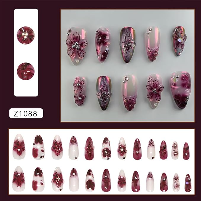 24Pcs 3D Flower Press on Nails Medium Almond Fake Nails with Gem Rhinestones Design Purple Floral Acrylic Nails Reusable French Tip Nail Full Cover Autumn False Nail for Women Manicure Decorations