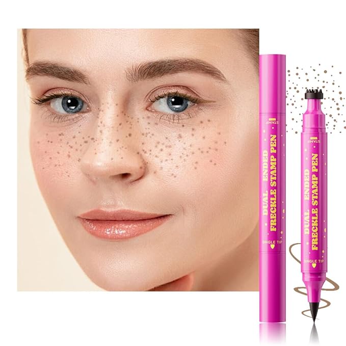 Brown Freckle Stamp with Eyeliner Pen,Natural Lifelike Freckle Makeup Pen Magic Freckle Color,Waterproof Longlasting Fake Freckles Stain Marker Pencil Face Decoration for Sunkissed Makeup,Vegan