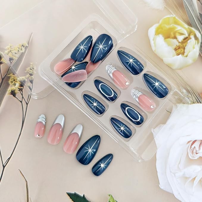 24Pcs Almond Press on Nails Short Fake Nails with Star Designs Gradient Blue Acrylic Nails Silver French Tip Glue on Nails with Rhinestones Metallic Style 3D Nails Press ons False Nails for Women