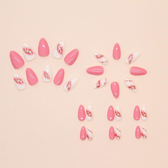 Press on Nails Almond Short Pink Flower False Nails with 3 D Gold Glitter Designs Pink Full Cover Removable Glossy Acrylic Glue on Nails Natural Stick on Nails for Women 24 Pcs