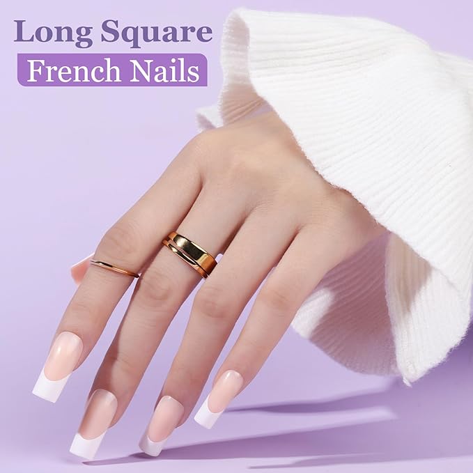 Teenitor French Tip Nails - Long Square Press On Nails, 15 Sizes