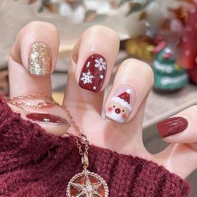6 Packs (144 Pcs) Christmas Press on Nails - Square, Red, Short, Medium, Snowflake False Nails - Glue on, Fake, Stick on Nails for Women - 12 Sizes, 6 Styles