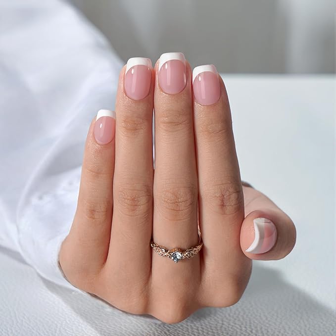 BTArtbox Press On Nails Short - Square French Tip Press On Nails, Fake Nail with Nail Glue, Natural Reusable Stick On Nails in 15 Sizes - 30 Fake Nails Kit, Silken Halo