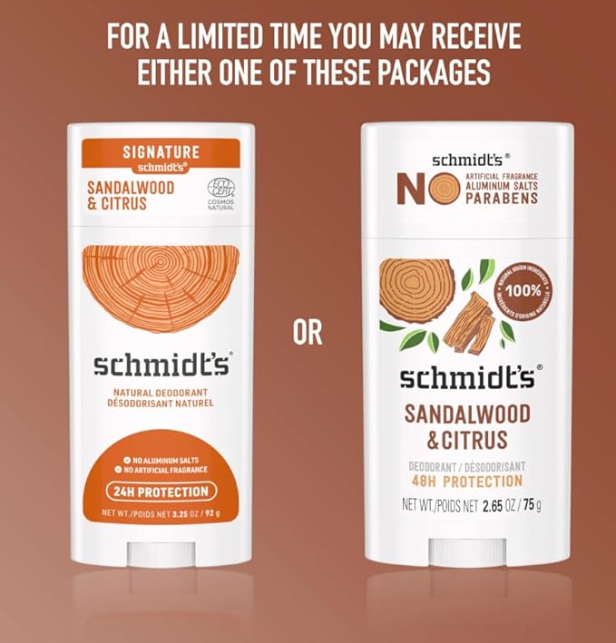 Schmidt's Aluminum-Free Vegan Deodorant Sandalwood & Citrus 4 Count for Women and Men, with 24 Hour Odor Protection, Natural Ingredients, Cruelty-Free, 2.65 oz