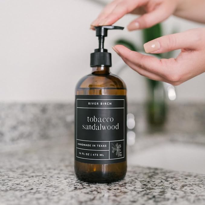 River Birch Tobacco Sandalwood Scented Natural Hand Soap - Handmade Soap - Moisturizing Hand Wash with Amber Glass Dispenser - Luxury Scented Hydrating Hand Soap - Vegan and Non-Toxic - 16 Fl Oz