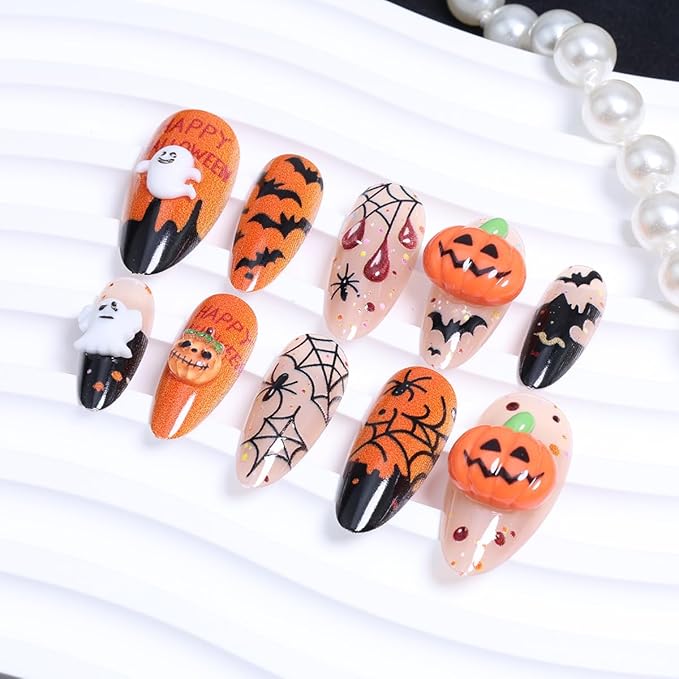 24Pcs Cute Halloween Press on Nails Medium Almond Pumpkin Fake Nails Black Spider Web with Ghost Designs Orange Nails Full Cover Glue on Nail Goth False Nails for Women Holiday Manicure Salons DIY