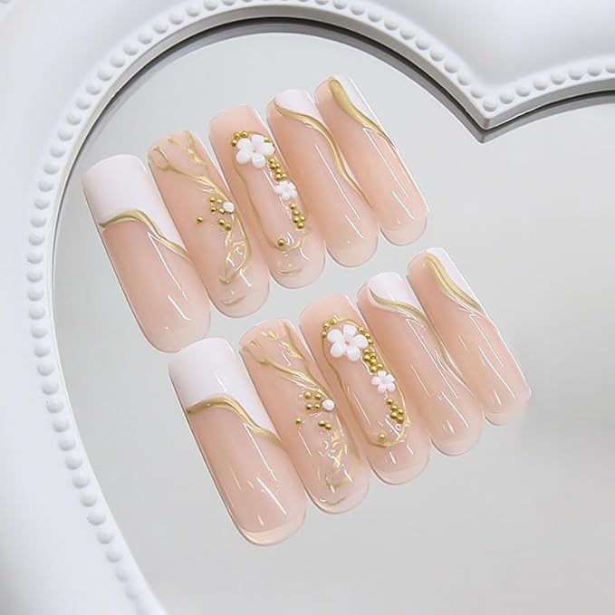 RikView Coffin Press on Nails Long Fake Nails with 3D Flowers Design Golden Nails Glossy Full Cover Nails for Women 24 PCs/Set