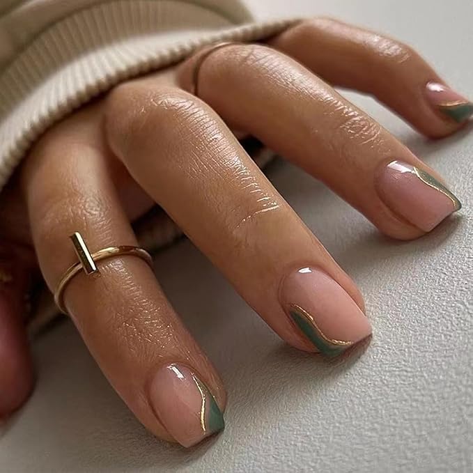 Fall Press On Nails Short Square Nude Fake Nails Green with Gold Stripes Fake Nails Fashion Glossy Acrylic Press ons Nail Gel Stick On Nails Set Glue on Nails for Women & Girls 30Pcs