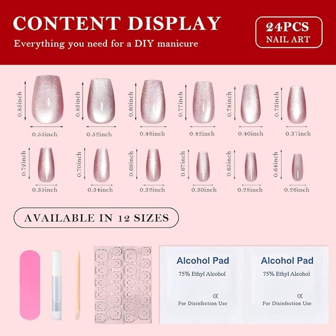 evpct Pink Cat Eye Press on Nails Square Medium Coffin, Medium Square Glue on Nails for Women Gift, Plum Pink Metallic Glitter Glossy Reusable Spring Summer Gel Press on Acrylic Fake Nail with Designs