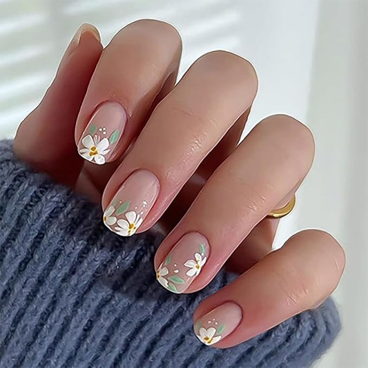 Nude Pink Press On Nails Square Short, Daisy Flower Fake Nails with White Floral Design, Natural Glossy Finish Reusable Acrylic Nails, Glue On Nail Kit for Women, 24Pcs