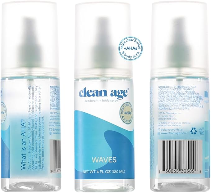 Aluminum Free Deodorant & Body Spray - Waves 4oz - Clean Deodorant and Body Spray for Teen Boys and Girls - With AHA For Body Acne