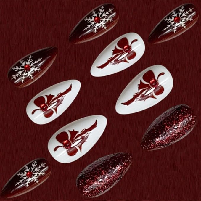 Press on Nails Red Almond Fake Nails French Tip False Nails Press ons with Wine Red Bow Snowflake Designs Medium Artificial Acrylic Nails Glitter Full Cover Glue on Nail for Women Manicure 24 Pcs