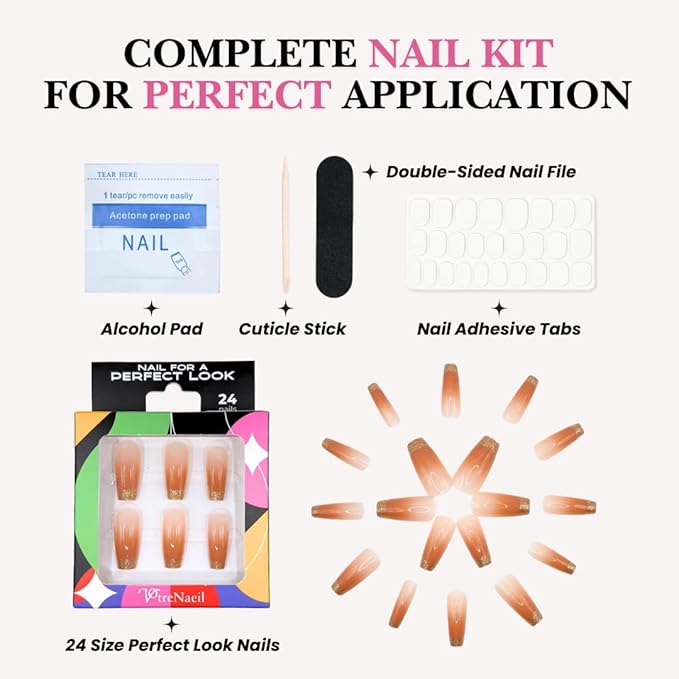 Perfect Look Press On Nails - Coral Shine | No Glue One-Day Coffin Nails, Peach Ombre Nails with Glitter French Tips - 24 Pcs Nail Kit with Adhesive Tabs