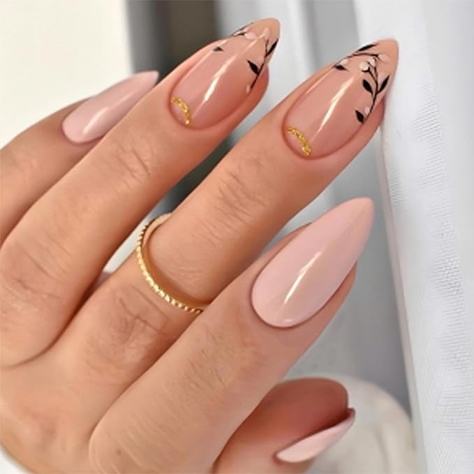 IMRAIN Almond Press on Nails Medium Fake Nails Nude Glossy False Nails Full Cover Glue on Nails with Black Leaf Designs Acrylic Nail Supplies Artificial Stick on Nails for Women 24Pcs