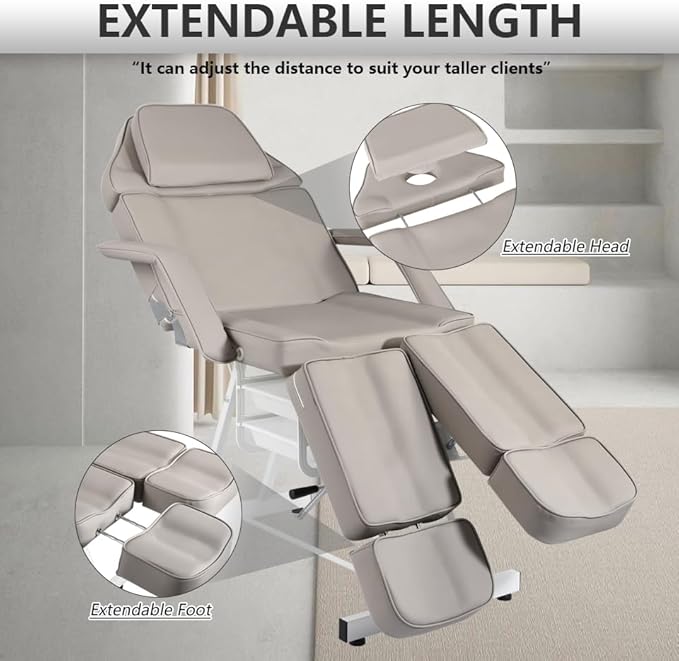 Tattoo Chair with Stool, Facial Bed Adjustable Legs Foldable Facial Chair Spa Bed for Client for Beauty Capacity 330lbs Gray