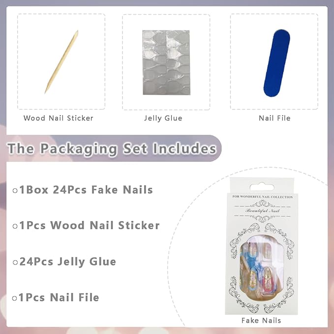 24Pcs Pink Flower Press on Nails Medium Almond Fake Nail Cute Bow with Rhinestones Designs Glue on Nails Rose Flowers Acrylic Nail Pink Blue Full Cover False Nails for Women Daily Wear