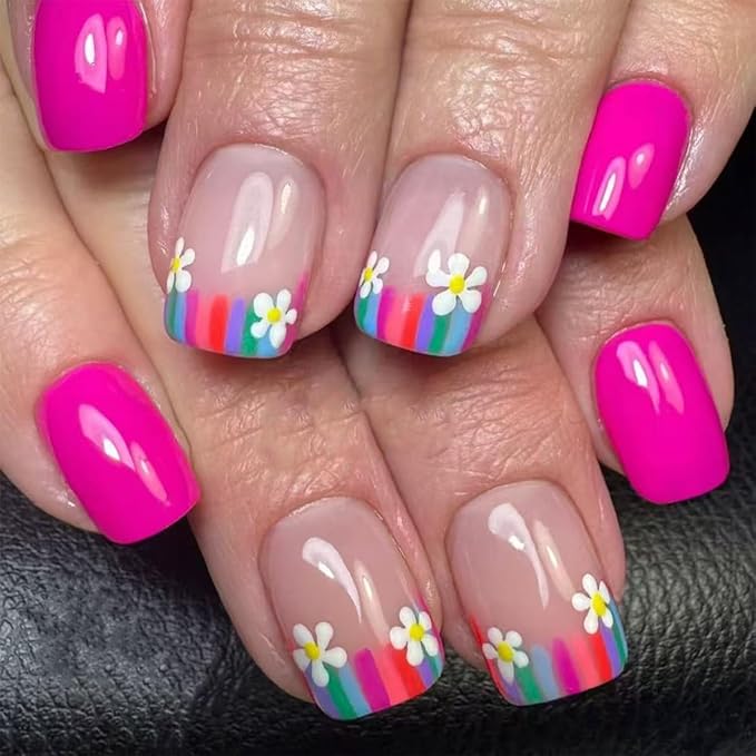 Flower Press on Nails Short Square Fake Nails Pink False Nails Floral Glossy Full Cover Acrylic Nail Spring Glue on Nail Artificial Cute Stick on Nails for Women Manicure 24Pcs