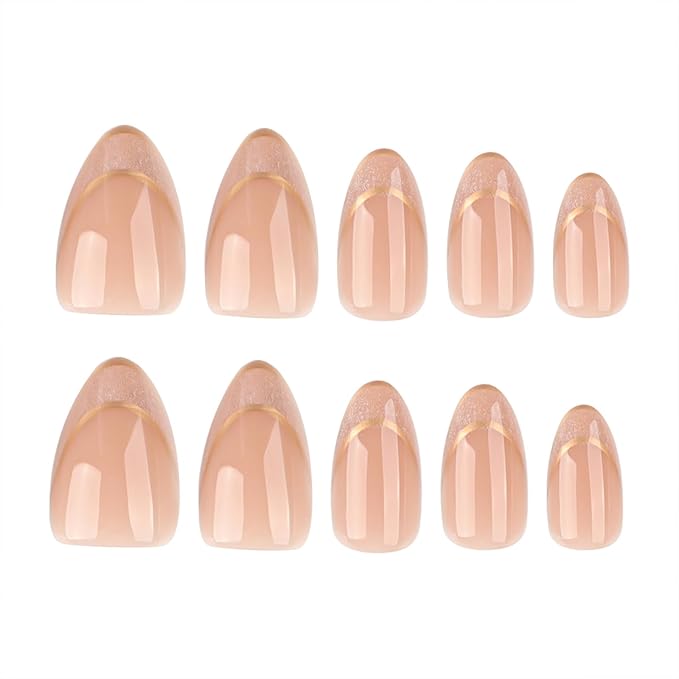 Short Almond Press On Nails – Nude Glitter French Tips with Gold Outline, Glossy Acrylic Fake Nails, Reusable Stick On Nails Kit with Glue for Women, Elegant Shimmery Manicure Set
