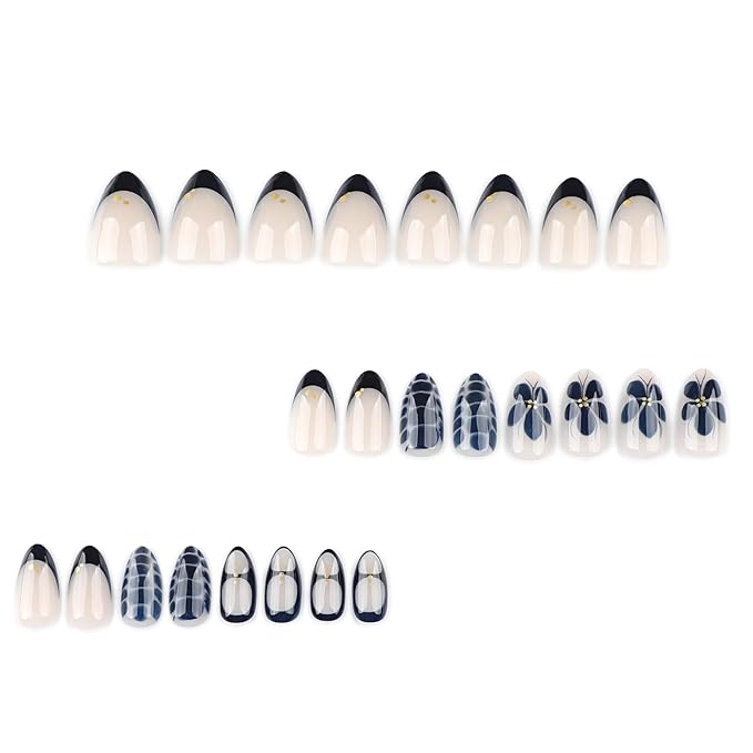 French Short Almond Press On Nails, Nude Fake Nails with Black Floral & Crocodile Texture Detail, Glossy Gel Finish Acrylic Nails, Daily/Party Reusable Glue On Nails Kit for Women, 24Pcs