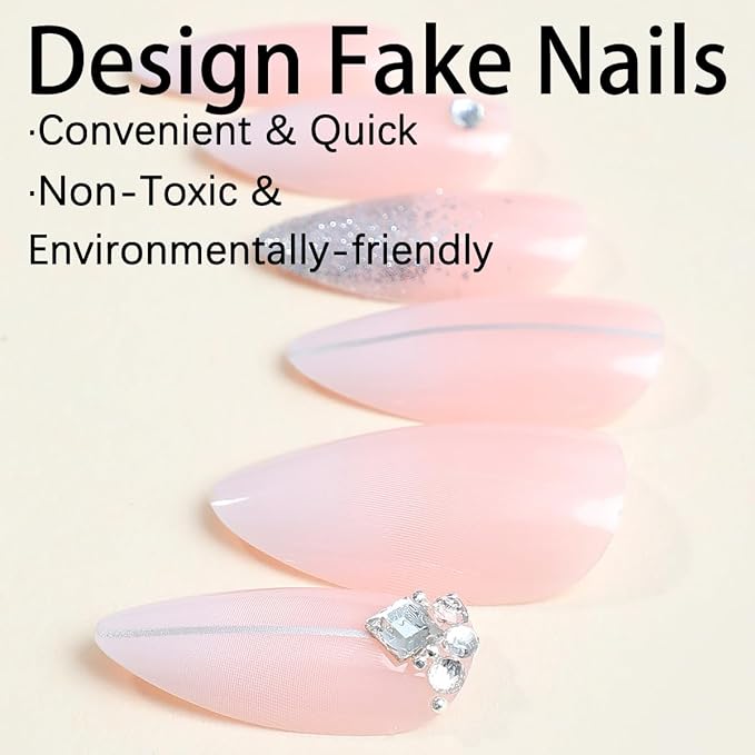 Silver Glitter Press on Nails French Tip Fake Nails Medium Almond False Nail with Rhinestone Design Nude Glossy Artificial Acrylic Full Cover Diamond Glue on Nail for Women Christmas Manicure 24Pcs