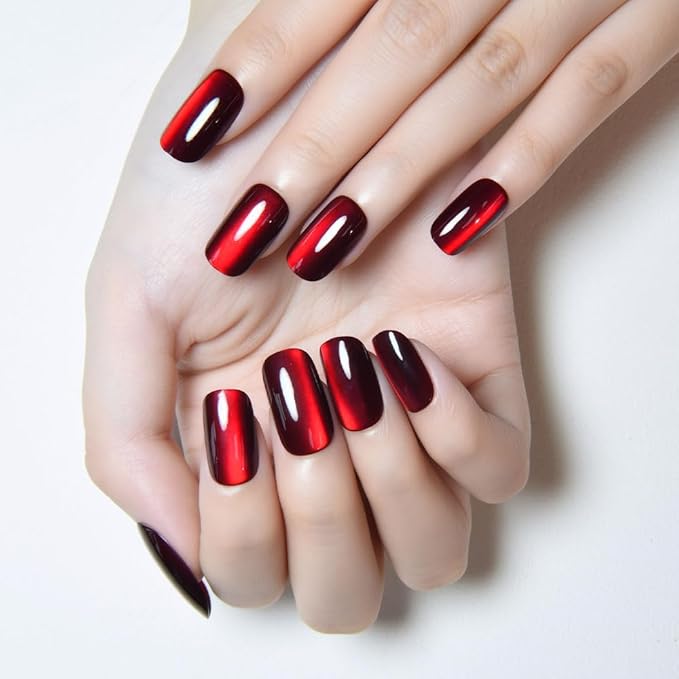 Cat Eye Dark Red Press On Nails Medium Long Length Square, Designer Reusable Acrylic Fake Nail with Glue, Glossy Gel Nails Wedding Party, Stick On Glue On Nail, Nails Press Ons for Women