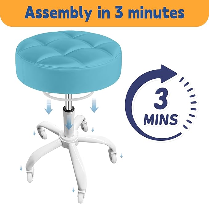 Rolling Stool Heavy Duty 400lb: Super Soft Seat Cushion,360° Swive,Height Adjustability,No Squeaky Noises,No Tip Over,New Upgraded stool Salon Stool Chair, Tattoo Facial Massage Spa Medical(Cyan)