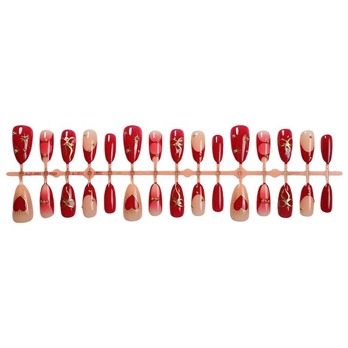 30Pcs Red Press on Nails Medium Almond-Shaped Fake Nails Bow Gold Line Design French Nail Tips Shiny Stars False Nails Cute Stick on Nails Heart Nail Handmade Full Cover Artificial Nail for Women