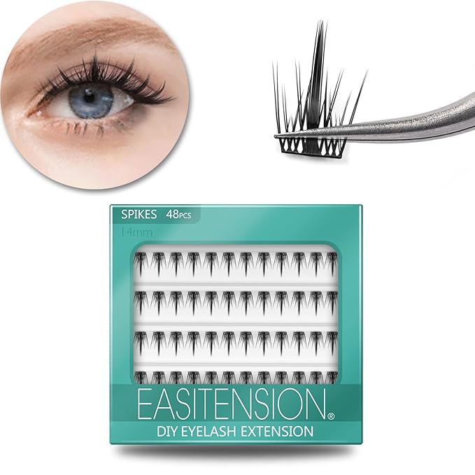 DIY Eyelash Extension, 3D Effect Glue Bonded Band Individual Lash 48 Clusters Volume Lashes Set, Home Eyelash Extension, C curl Lashes Pack 14MM-Spikes-48 Clusters