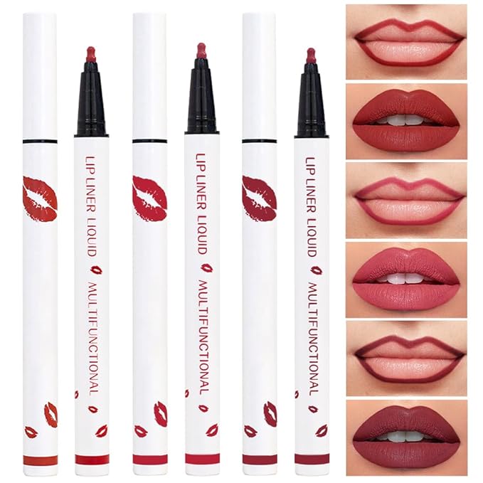 Kaely 3Pcs Dark Red Rose Pink Cherry Red Longwear Liquid Lip Liner Waterproof, 24 Hour Long Lasting Lip Liner Stain Marker Pen, 2-in-1 Matte Semi Permanent Lipliner & Lipstick, 01+04+06