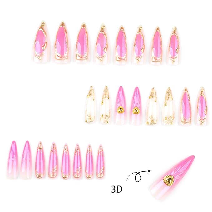 24Pcs Gold French Acrylic Full Cover Fake Nails 3D Curve Line Press on Nails Love Heart Gel Glue on Fingernails Glossy Pink Gradient Long Almond False Nail Shell Stick on Nail for Holiday Manicure Art
