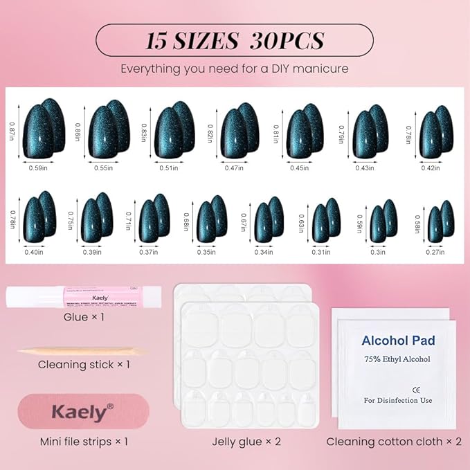 evpct Dark Blue Press on Nails Almond Short, Sapphire Blue Cat Eye Glitter Holographic Press on Nails, Soft Gel Press Glue On Nail with Nail Glue, Full Cover, 30Pcs Reusable Acrylic Fake Nails Kit