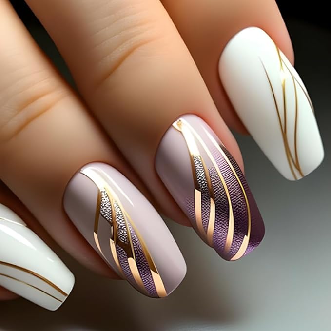 Press on Nails Medium Coffin Fake Nails Gold Lin False Nails Glossy Acrylic Nails Ombre Press Ons Glue on Nails Purple Gradation Artificial Nails for Women Girls Manicure Art 24Pcs, Style 6