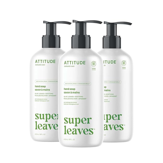 ATTITUDE Liquid Hand Soap, EWG Verified, Plant and Mineral-Based, Vegan Personal Care Products, Olive Leaves, 16 Fl Oz (Pack of 3)