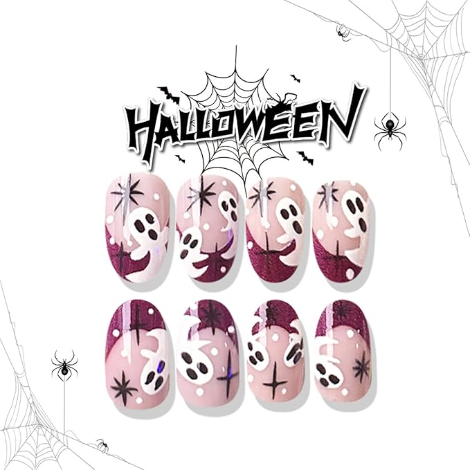 24Pcs Halloween Ghost Press on Nails Short Oval False Nail Red French Tip Fake Nails Cute Ghost Stick on Nail Star Acrylic Nail Full Cover Glossy Glue on Nails for Women Halloween Manicure Art