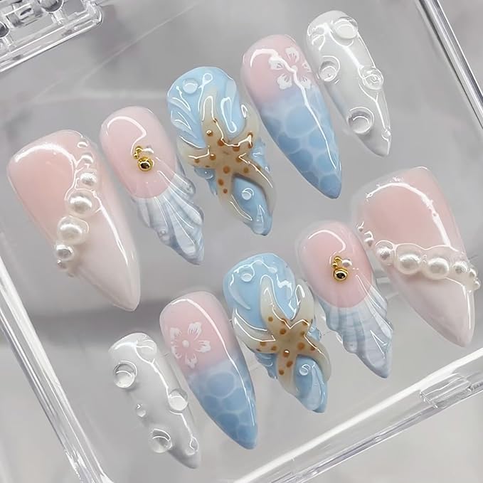 24Pcs Blue French Tip Press on Nails Medium Almond Beach Fake Nails 3D Summer Starfish Hibiscus with Pearl Full Cover Artificial Nails Ocean False Nails Stick on Nail for Acrylic Manicure Supplies