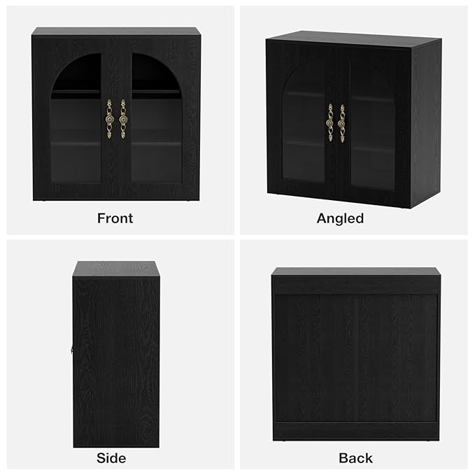 3-Layers Salon Station Free Standing Cabinet, Hair Styling Stations Salon Furniture w/Glass Doors, Bronzed Metal Handles, Wood Grains Surface, Barber Table Hair Salon Furniture（Black）