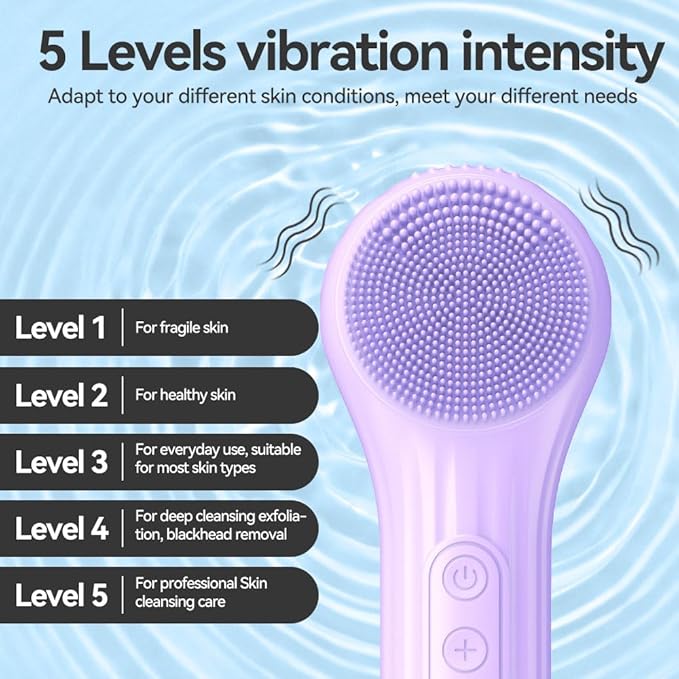 Facial Cleansing Brush, Silicone Face Scrubber with Heat and Vibration 5 Speeds, Waterproof Rechargeable Electric Face Scrub Brush for Men & Women, Deep Cleansing, Exfoliating and Massage (Purple)