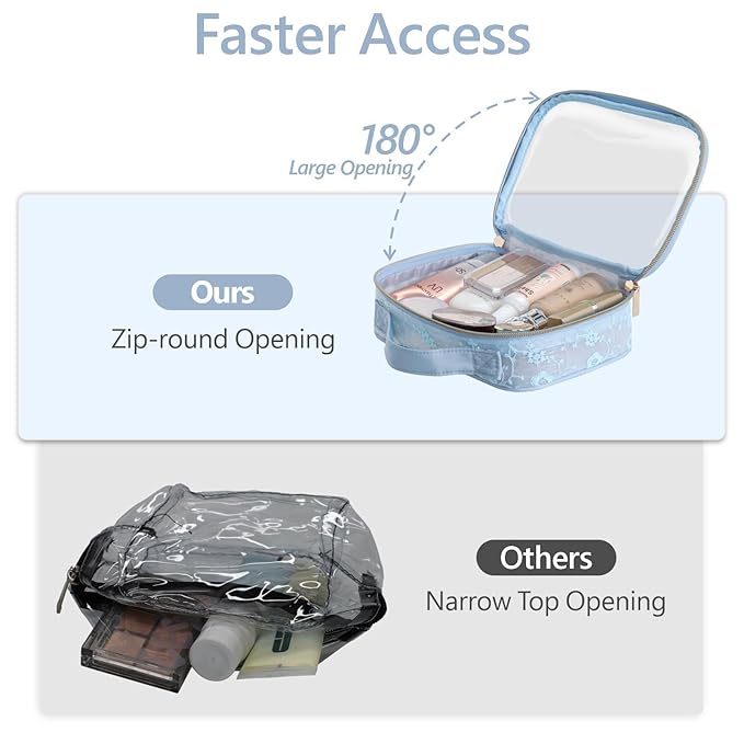 PACKISM Floral Texture Lace TSA Approved Toiletry Bag - 180° Large Opening Clear Makeup Bags in 2 Size, TSA Clear Toiletry Bag with Handle, 0.5 mm Thick Non-deformable No Smell, Blue