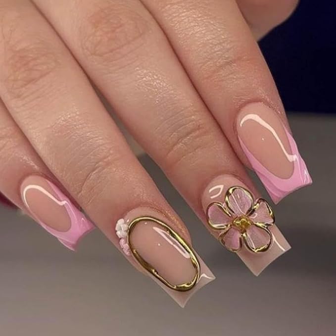 French Press on Nails Medium Long Pink Fake Nails Square Bling Glossy 3D Flower Design False Nail Tips Artificial Nails Finger Manicure for Women and Girls-24pcs (Nails 7)