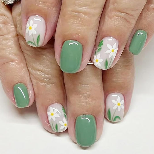 24Pcs Flower Press on Nails Short Square Fake Nails White Daisy Floral Acrylic Nails Green Glossy Full Cover False Nails Spring Summer Design Glue on Artificial Nails for Women Manicure Supplies