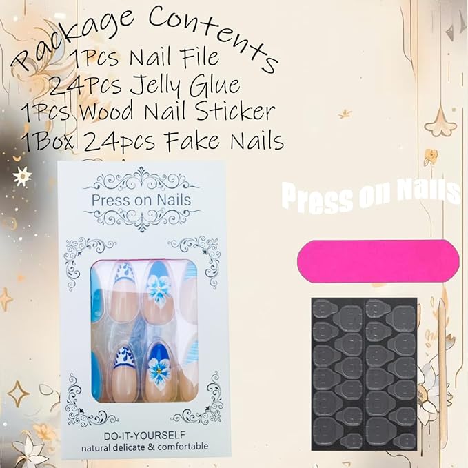 24Pcs Autumn Press on Nails Medium Almond Fake Nails 3D Flower Glue on Nails Blue French Tip False Nail Nude Pink Acrylic Nail Press on Metal Starfish Stick on Nail for Women DIY Manicure Salon