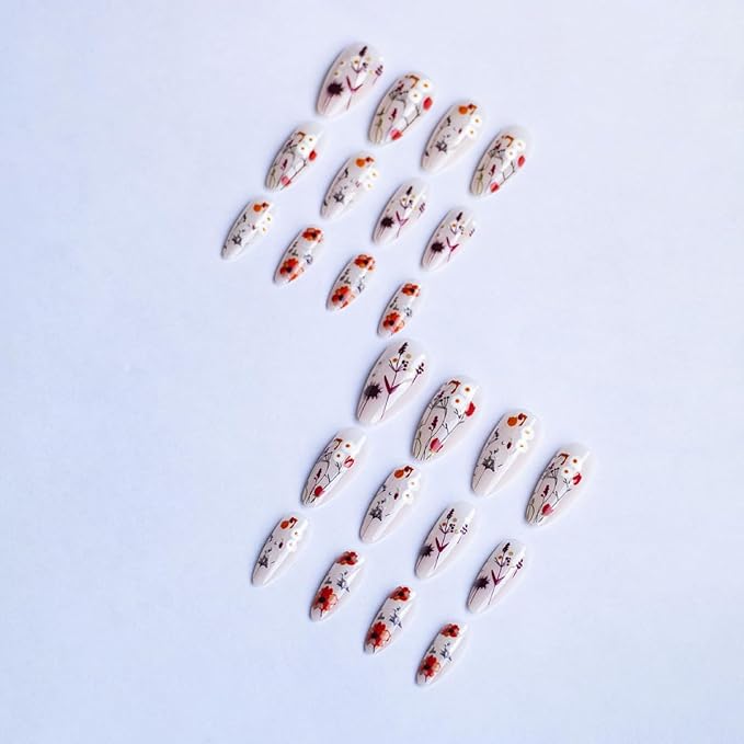 Flower Press on Nails Long Almond Fake Nails Glossy Nude False Nails Summer Flowers Design Acrylic Reusable Stick on Nail Full Cover Daisy Glue on Nail Art for Women DIY Salon Manicure Kit