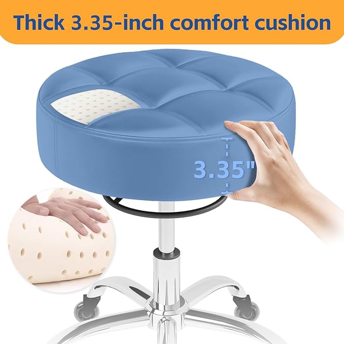 Rolling Stool Heavy Duty 400lb: Super Soft Seat Cushion,360° Swive,Height Adjustability,No Squeaky Noises,No Tip Over,New Upgraded Stool Salon Stool Chair, Tattoo Facial Massage Spa Medical (Blue)