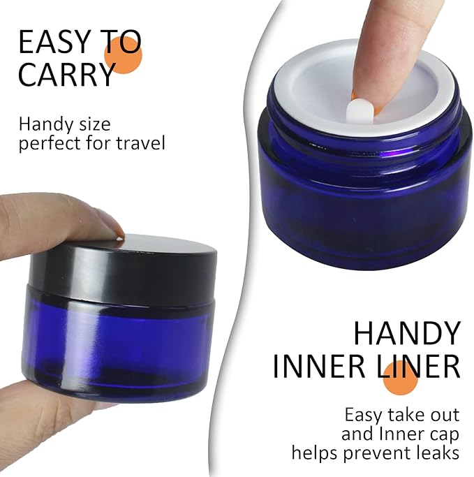 24 Pack 1 oz Round Blue Glass Cosmetic Jars with Inner Liners and Black Lids, Travel Glass Jars, Cosmetic Containers for Lip Balms, Powders, Makeup, Cream, Eyeshadow, Slime, Paint
